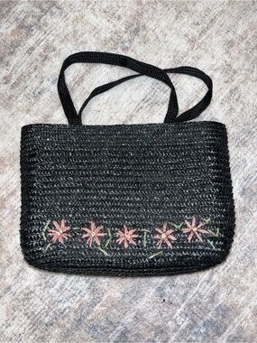 Vintage Black Woven‎ Straw Handbag Embroidered Floral Purse Cottagecore Tote